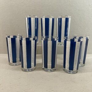 Vtg Colony Highball Glasses Set of 8 Blue White Scroll Stripe Tumblers Retro 70s